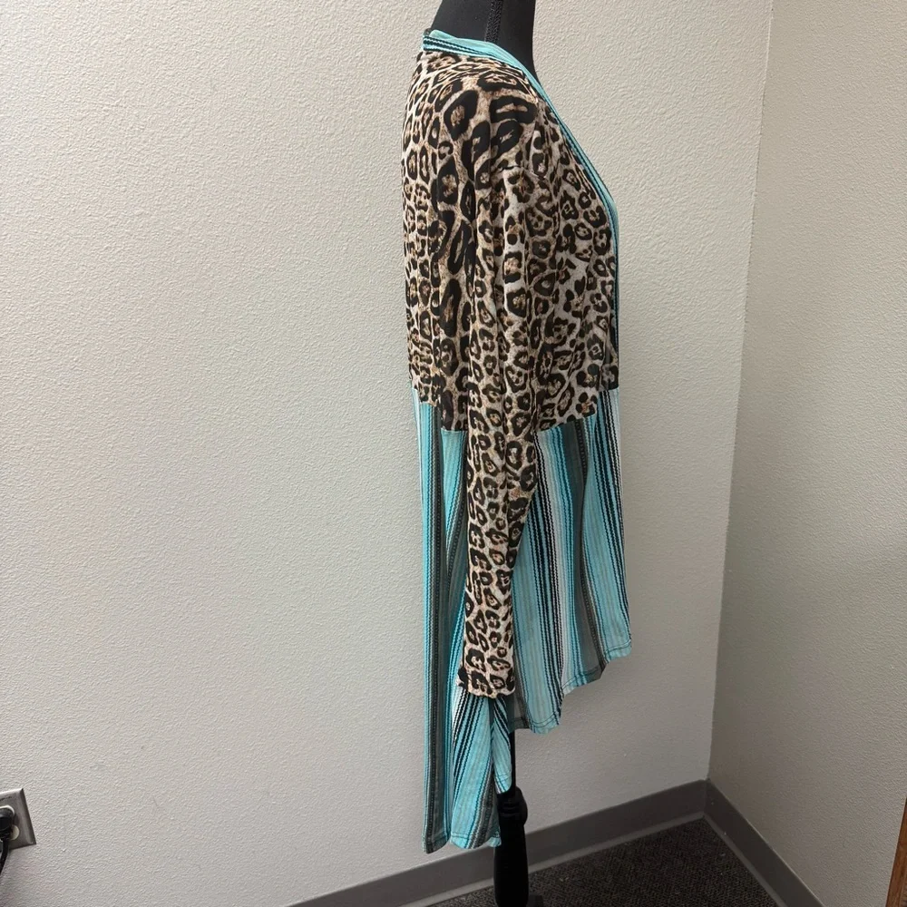 Crazy Train Leopard Serape Cardigan L Teal Western Boho Duster Open Front - Picture 5 of 7